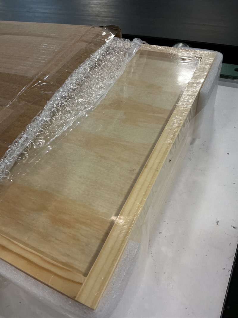 Condition photo showing New/Like New for 13”w x 21”d x 3”h soft close slide out wood drawer organizer for kitchen, (cabinet opening width>14.5 inches for bottom assembly, width= 14 inches for side assembly)