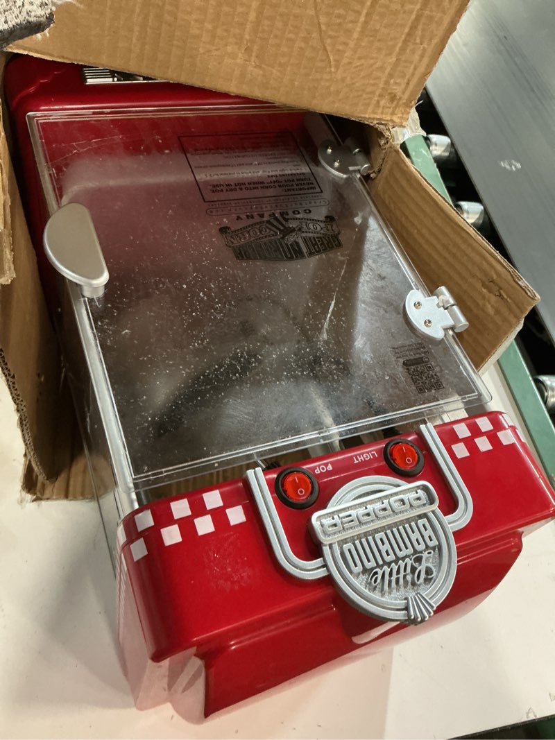 Condition photo showing As Is for Popcorn Machine - Big Bambino Old Fashioned Popcorn Maker With 4-Ounce Kettle, Measuring Cups, Scoop, and Serving Cups by Great Northern Popcorn (Red)