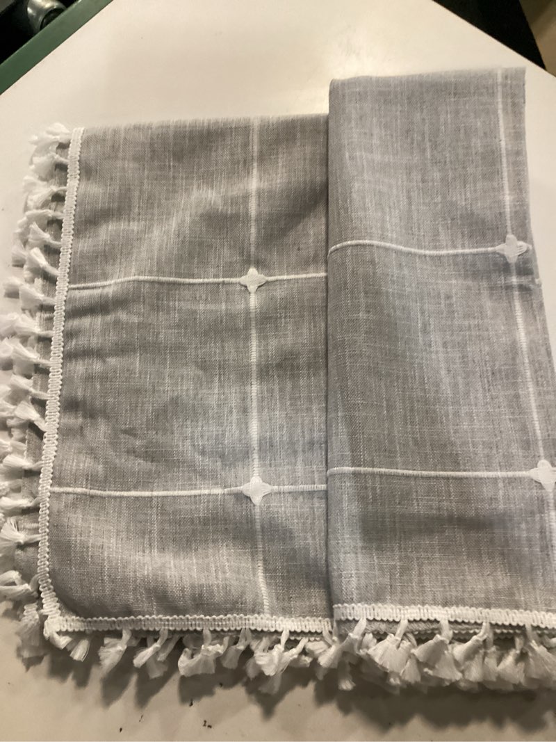 Condition photo showing Good Condition for oubonun tablecloths for rectangle tables, cotton linen waterproof farmhouse table cloth with boho tassels – wrinkle free, wipeable & washable for kitchen & dining, 55''x70'', 4-6 seats, grey grey plaid 70" x 55" (rectangular)
