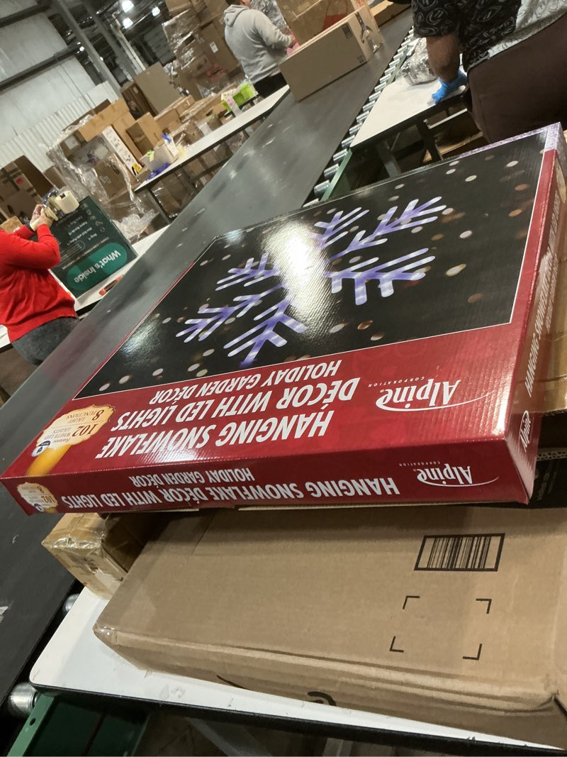 Condition photo showing New/Like New for Alpine Corporation 24" Tall Indoor/Outdoor Hanging Snowflake Decoration with 102 LED Lights, Winter Ornament Christmas Holiday Decor Cool White Snowflake