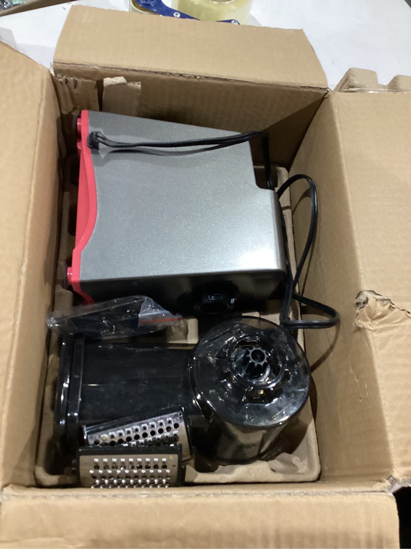 Condition photo showing As Is for Electric Cheese Grater,Electric Cheese Grater for Block Cheese with 7 Different Shapes of Blades, 250W Electric Slicer Shredder, Electric Salad Machine for Cheeses, Fruits, Vegetables Silver