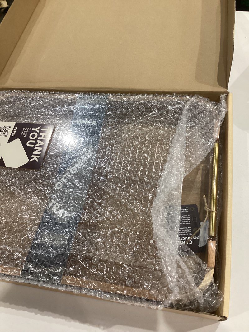 Condition photo showing New/Like New for Upper Acacia Wood Ottoman Tray 17x13 Inches with Handles, Decorative Serving Tray for Coffee Table, Breakfast Tray with Anti-Skid Pads Golden Handle 1