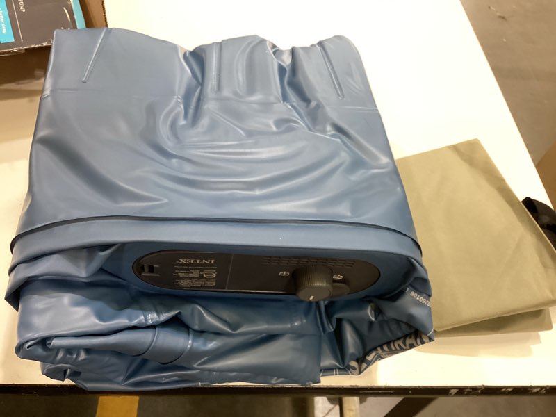 Condition photo showing As Is for intex mid rise hexbeam 14" electric pump queen air mattress - dark blue denim