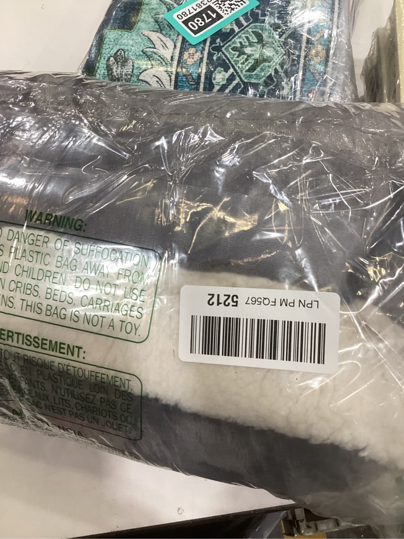 Condition photo showing New/Like New for Amazon Basics Reversible Sherpa Throw Blanket, Dark Gray, 50"x60" Throw Dark Gray