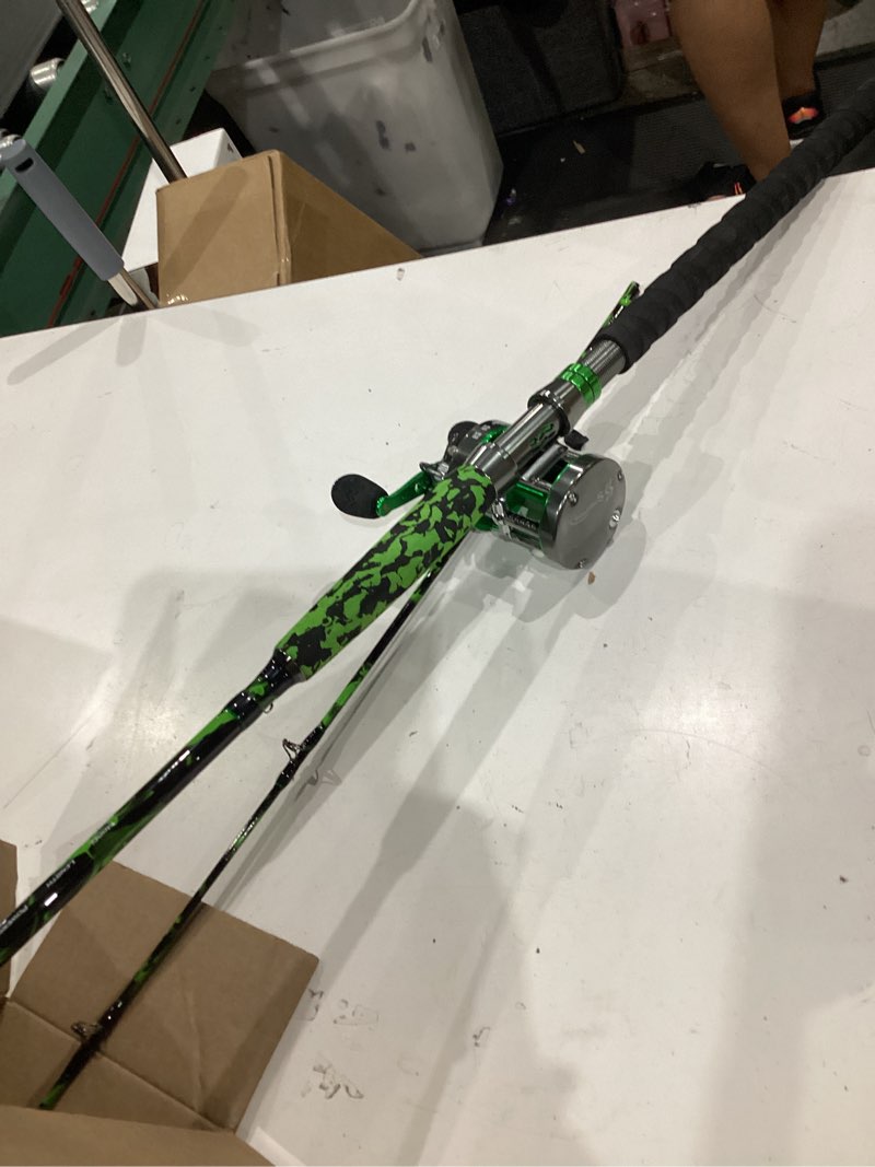 Condition photo showing As Is for sougayilang 7' catfish rod and reel combo, medium heavy 2-piece carbon fiber casting rod with solid carbon tip, trolling reel for freshwater and saltwater, big game fish casting 7ft-casting-xlt60-left