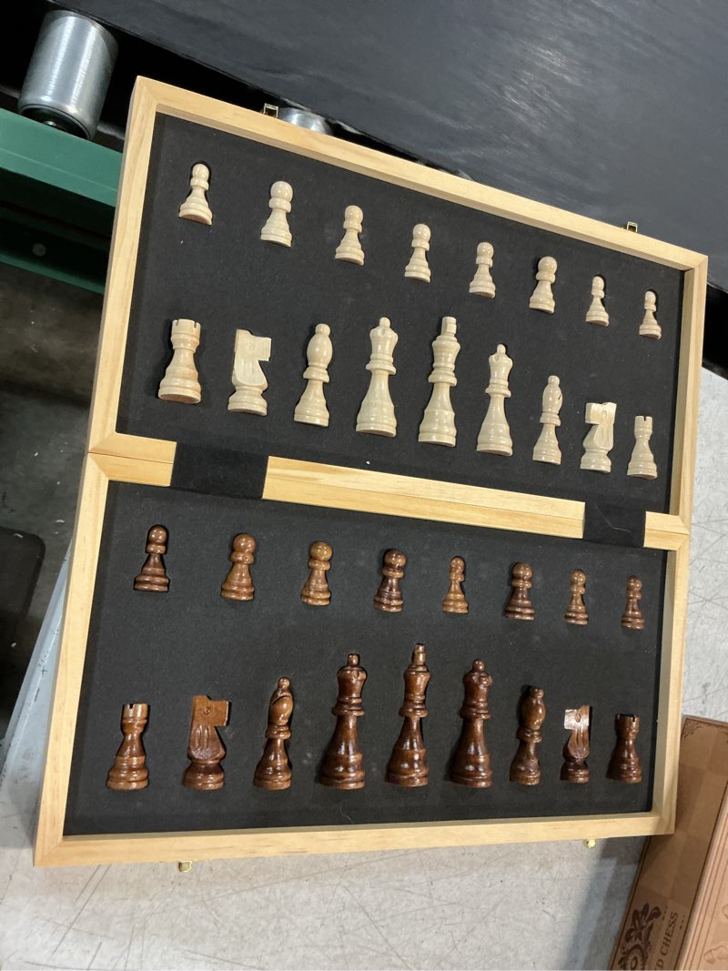 Condition photo showing Good Condition for amerous 15 inches magnetic wooden chess set - 2 extra queens - folding board - pieces storage slots, handmade portable travel chess game - beginner chess set for kids, 6 up age