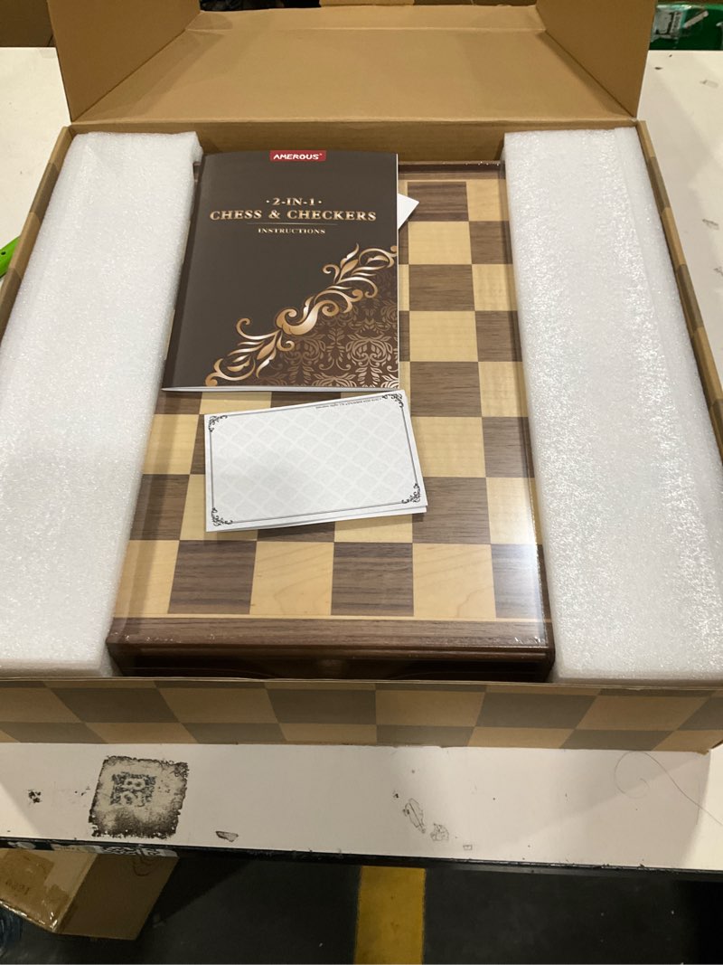 Condition photo showing New/Like New for AMEROUS 15" x 15" Wooden Chess & Checkers Set with Built-in Storage Drawers/Weighted Chess Pieces / 2 Bonus Extra Queens / 24 Cherkers Pieces/Classic 2in1 Board Games for Kids, Adults