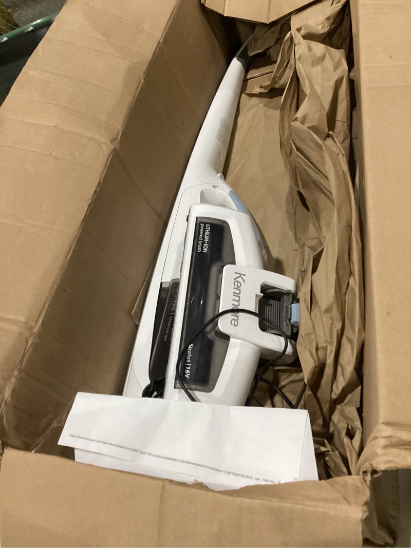 Condition photo showing As Is for Kenmore DS1020 16V Cordless Stick Vacuum Lightweight 2-in-1 Handheld, LED Headlight with 2-Speed Power Control for Hardwood Floor, Carpet & Pet Hair, 16 Volts, Gray-Blue