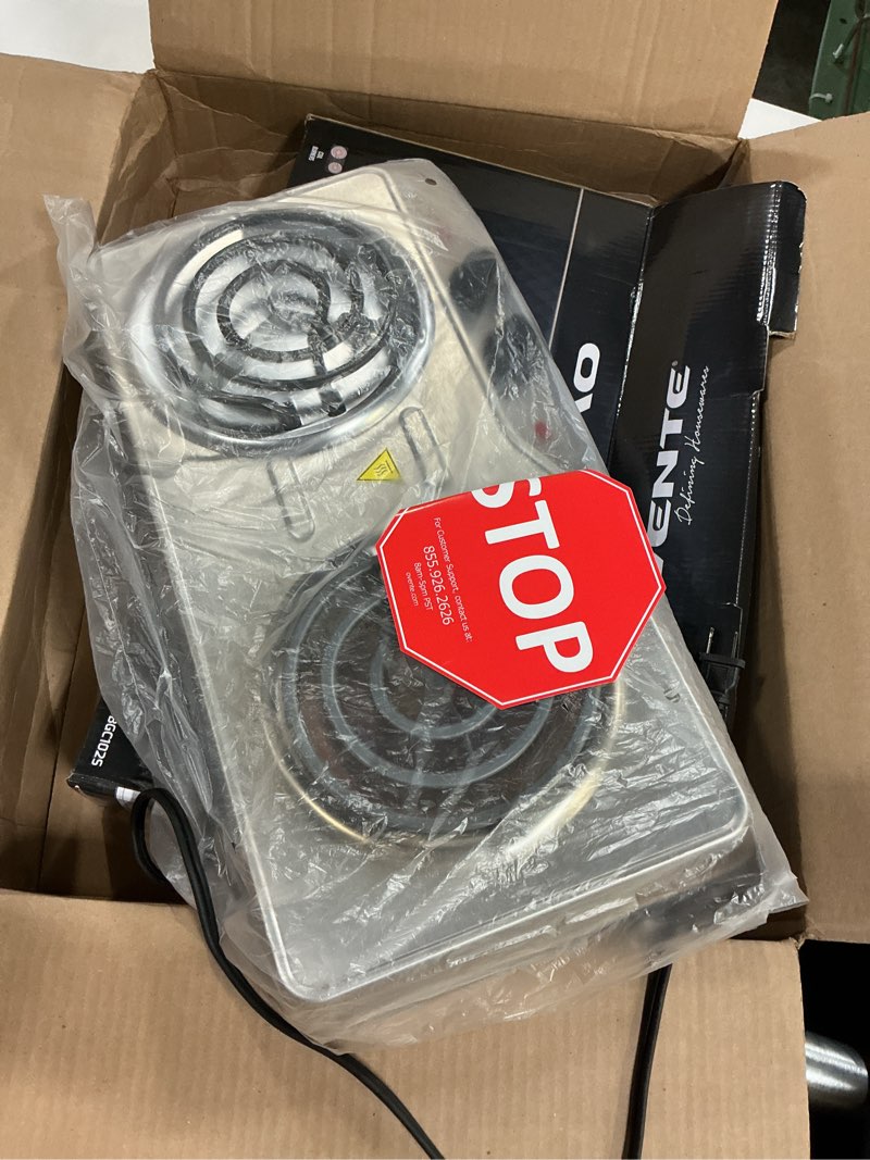 Condition photo showing New/Like New for ovente electric countertop double burner, 1700w cooktop with 6" and 5.75" stainless steel coil hot plates, 5 level temperature control, indicator lights and easy to clean cooking stove, silver bgc102s bgc102s - silver