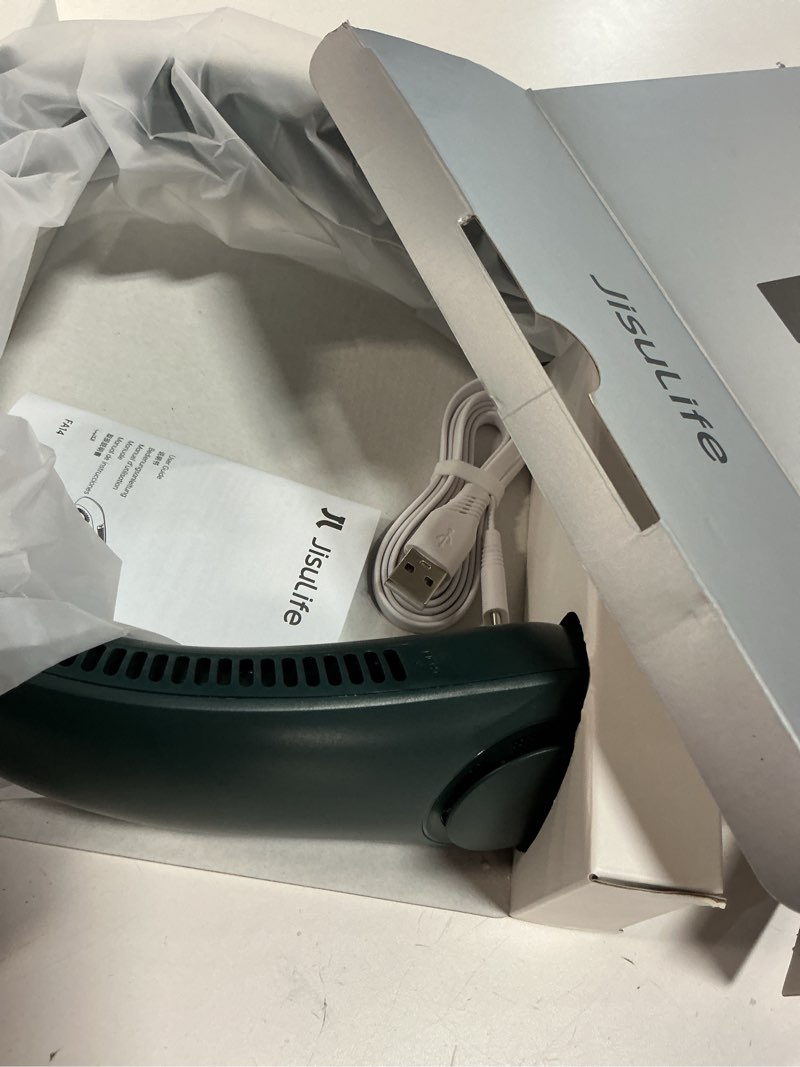 Condition photo showing Good Condition for jisulife portable neck fan, hands free bladeless fan, 5 speeds, 4000 mah battery operated wearable personal fan, twistable, rechargeable, gift for women men-dark green