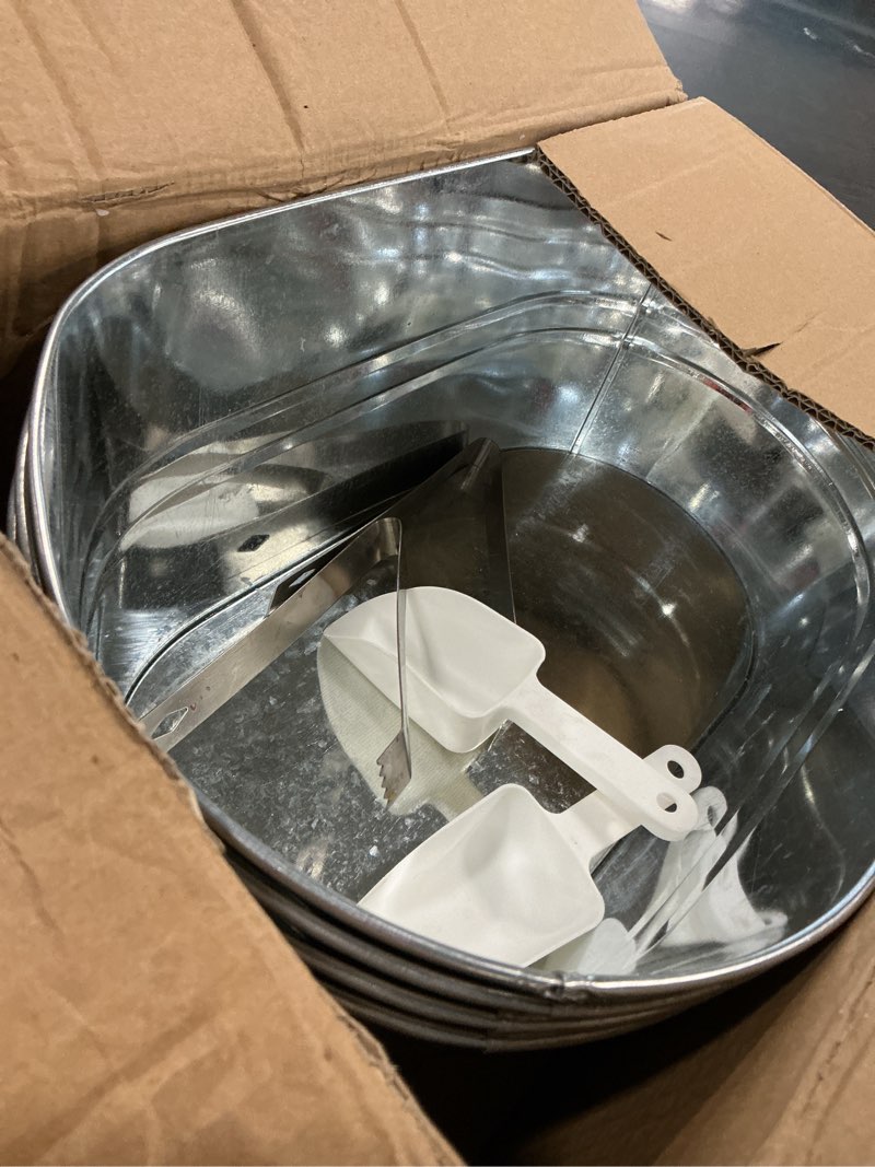 Condition photo showing Good Condition for 12 Pcs Galvanized Tub Ice Buckets 3 Gallon Metal Champagne Drink Bucket with Handles Large Beverage Tubs Wine Beer Storage Cooler Ice Buckets for Parties Mimosa Bar Supplies with Ice Scoop and Tongs