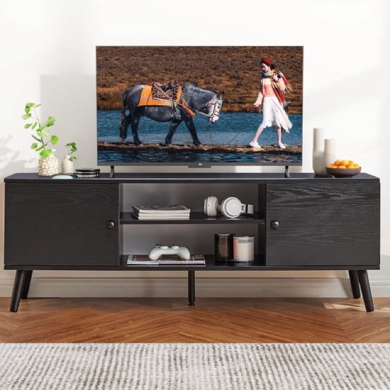 simenmax tv stand for 55 60 inch tv, modern mid century entertainment center with storage, black