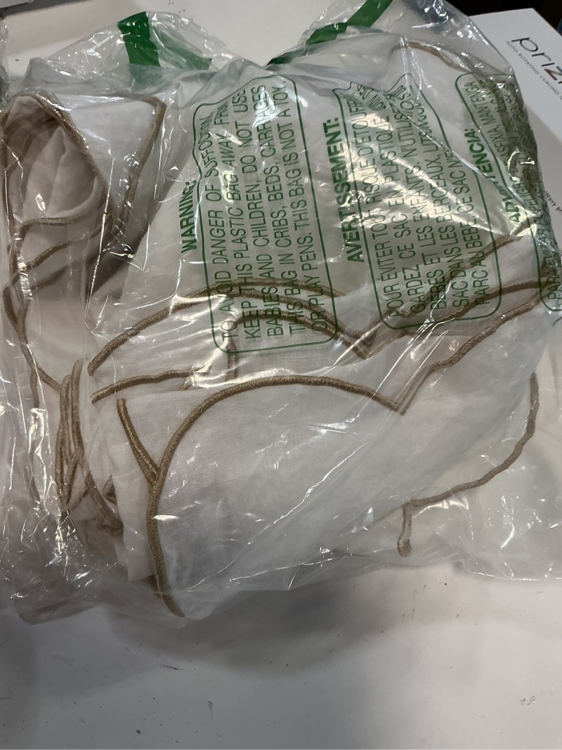 Condition photo showing Good Condition for AORISSI 100% Pure Linen Scalloped Embroidery Rectangle Tablecloths 120Lx60W Inch for Dinners, Spring, Machine Machine Washable, 10-12 Sets, White(Edges-Gold) White(edges-gold) 120" x 60" (Rectangular)