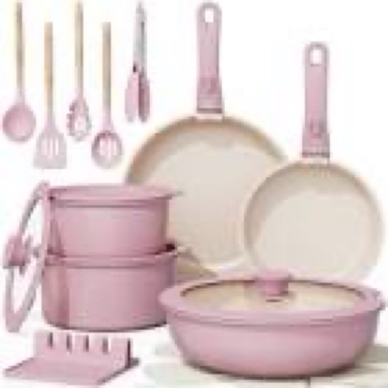 astercook 20-piece ceramic pots and pans set  nonstick cookware set with detachable handles  oven safe to 480°f  induction compatible  stackable rv kitchen cooking set  pink
