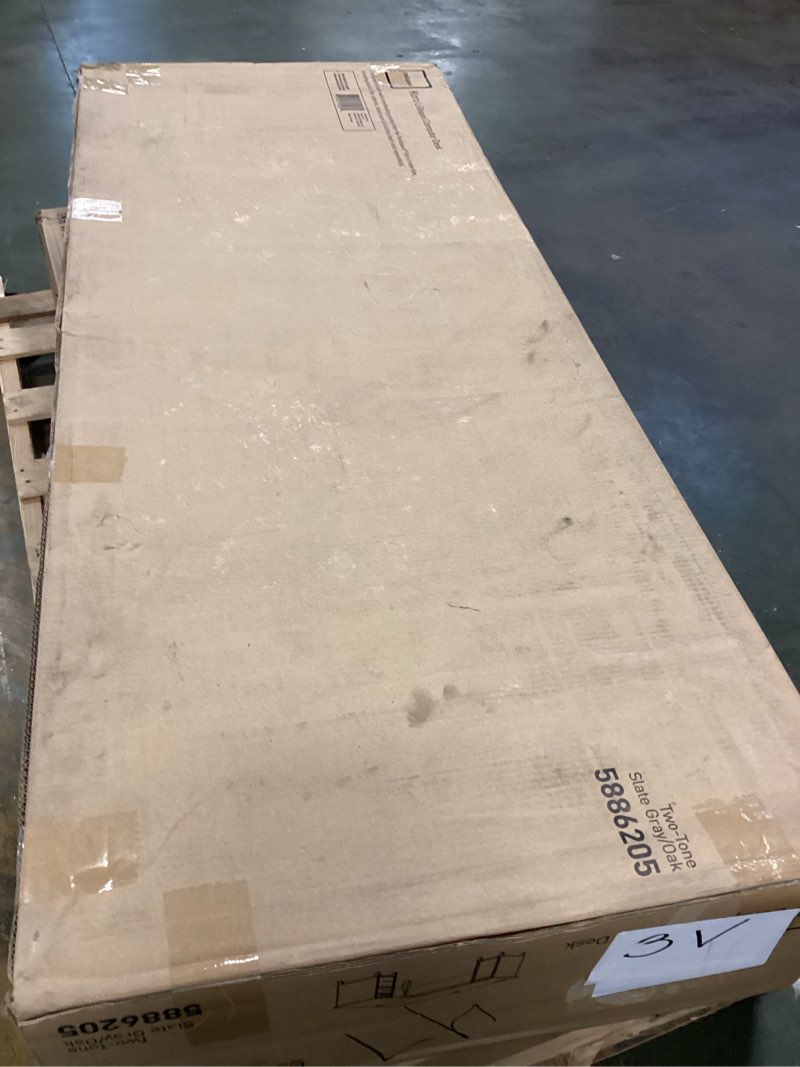 Condition photo showing New/Like New for Realspace® Koru 60" W L-Shaped Corner Computer Desk with Integrated Power & Charging, Two-Tone Slate/Gray Oak, BIFMA Compliant