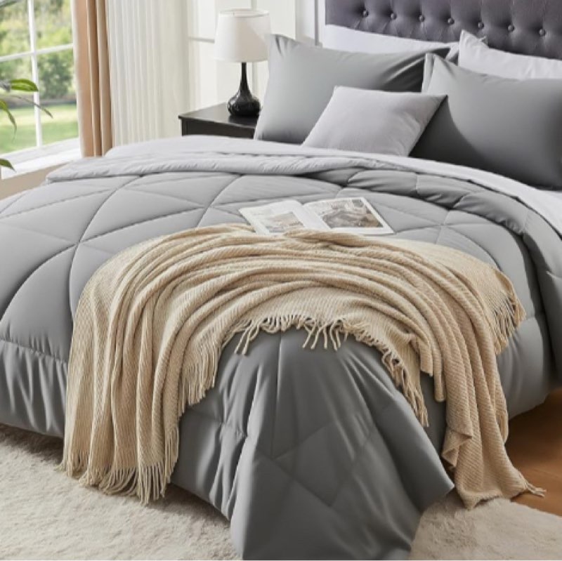 bedelite full comforter set 7 pieces bed in a bag - soft microfiber reversible white bed set with co