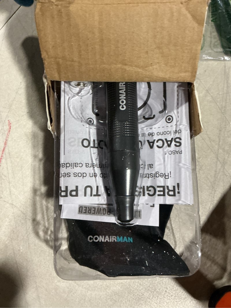 Condition photo showing As Is for conairman nose hair trimmer for men, for nose, ear, and eyebrows, patent 360 bevel blade for no pull, no snag trimming experience, cordless lithium-powered trimmer with drawstring bag lithium powered w/drawstring bag 1 count (pack of 1)