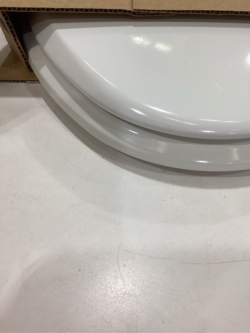 Condition photo showing As Is for mayfair cassel slow close toilet seat, easy clean, non slip premium wood seat, easy install, made in usa, elongated, white elongated 1 - toilet seat