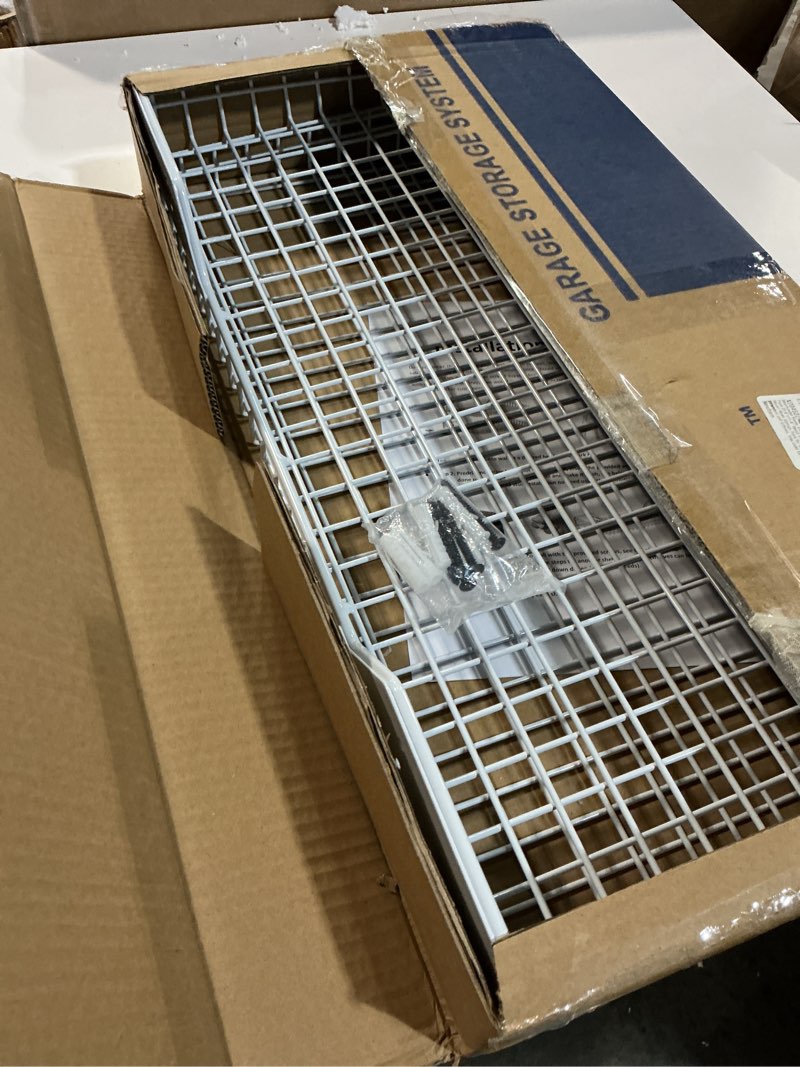 Condition photo showing Good Condition for Wallmaster Heavy Duty Garage Wall Shelving 2 Pack 23.6"x11.8" Metal Wire Shelves Wall Mount Mesh Storage Rack for Garage, Office, Basement and Kithcen, max Load 65 lbs (White) White 2pack