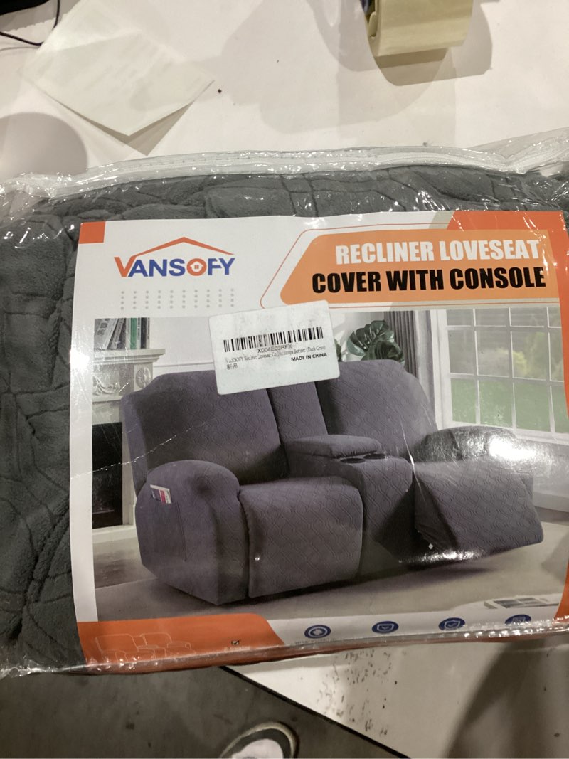 Condition photo showing Good Condition for vansofy recliner loveseat cover with middle console stretch reclining sofa slipcover for 2 seat jacquard reclining couch sofa covers furniture protector with elastic straps bottom (dark gray) dark gray 2 seater+console