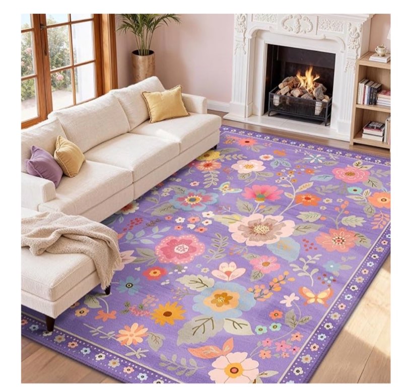floral nursery 8x10 area rugs washable print boho cute carpet non slip flower low pile for living room kids girls playroom bedroom kitchen office farmhouse-purple/pink/multi