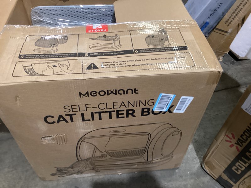 Condition photo showing As Is for self-cleaning cat litter box, 106l extra-large automatic cat litter box for multiple cats, safety sensor/anti-pinch patent/double-layer defense/app control/odor free with mat & liner
