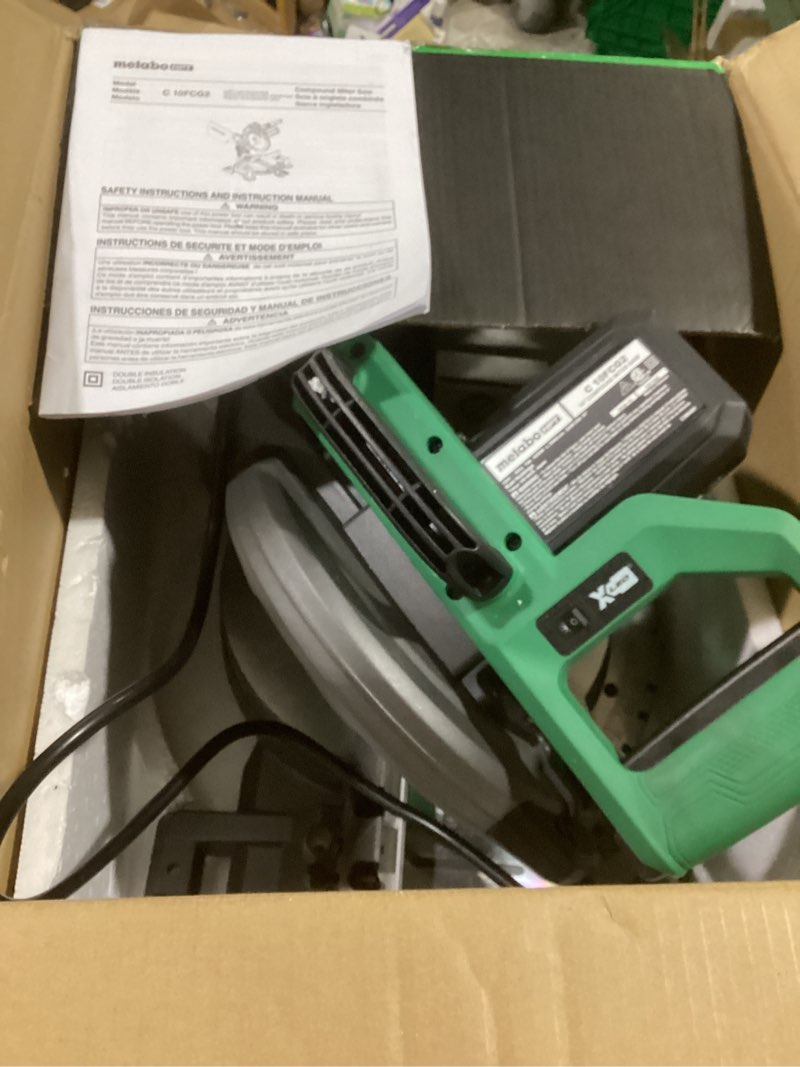 Condition photo showing As Is for metabo hpt 10-inch single bevel compound miter saw, 15-amp power saw with xact cut shadow line, precision miter angles, single bevel 0-45°, 40t tct miter saw blade, lightweight design, c10fcg2 c10fcg2 - next gen model