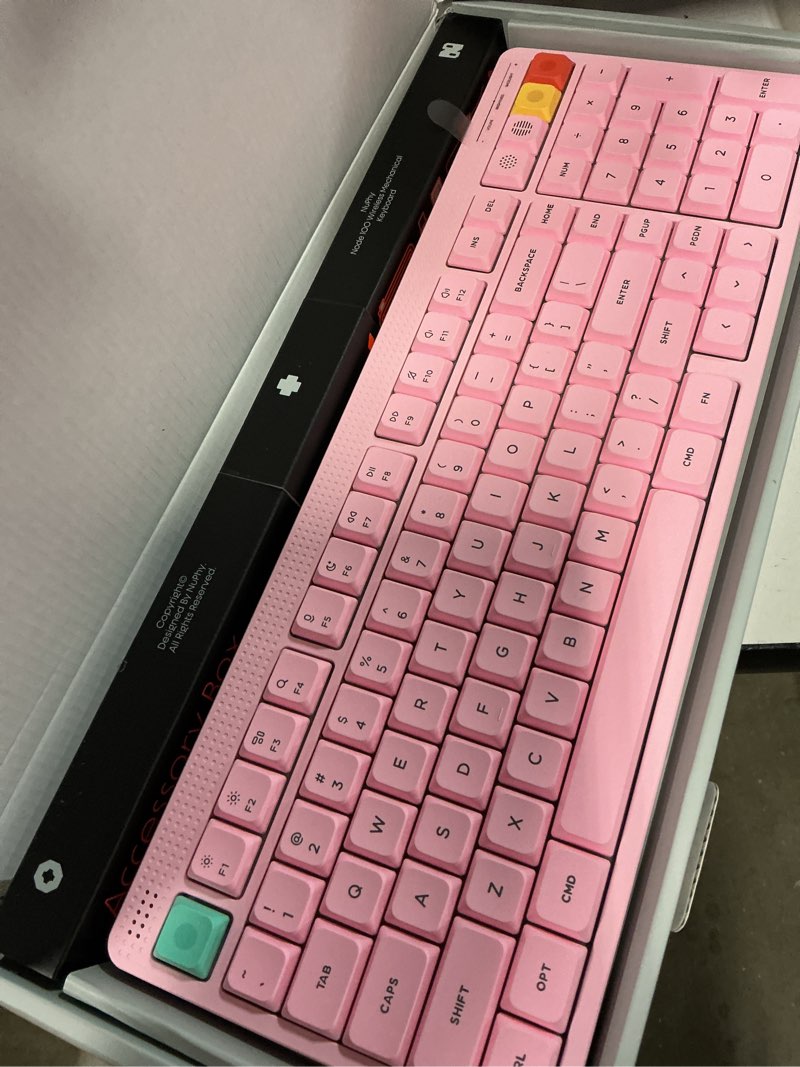 Condition photo showing New/Like New for nuphy node100 wireless mechanical keyboard, hot swappable custom low profile keyboard, 103 keys computer gaming keyboards, supports touch gestures, pbt keycaps, rgb backlit, bluetooth/2.4ghz/usb-c blush nano switch pink low profile