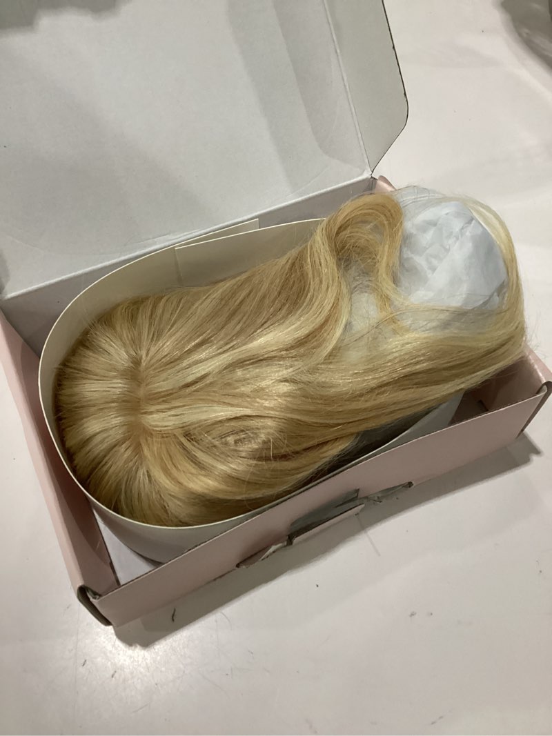 Condition photo showing As Is for sego hair toppers for women with bangs real human hair, 130% density 10 * 12cm silk base clip in top wiglet hairpieces for thinning hair-6 inch 18p613 ash blonde&bleach blonde