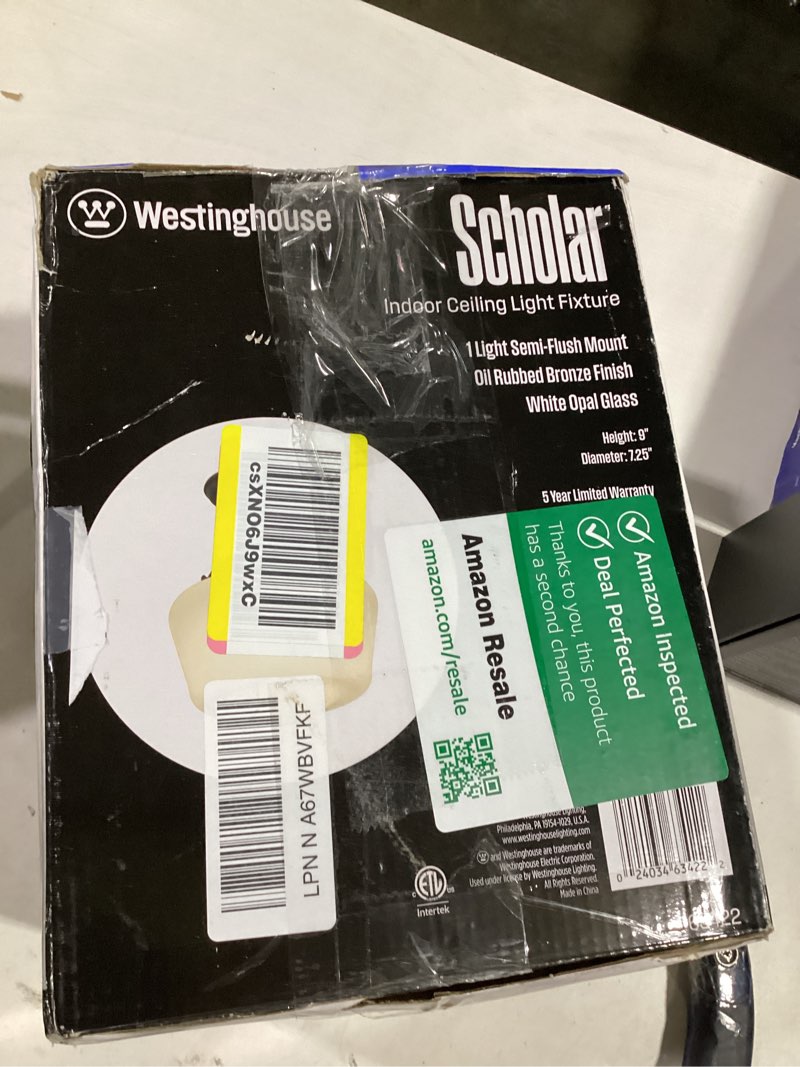 Condition photo showing Good Condition for westinghouse lighting 6342200 scholar one-light indoor semi-flush ceiling fixture, oil rubbed bronze finish with white opal glass