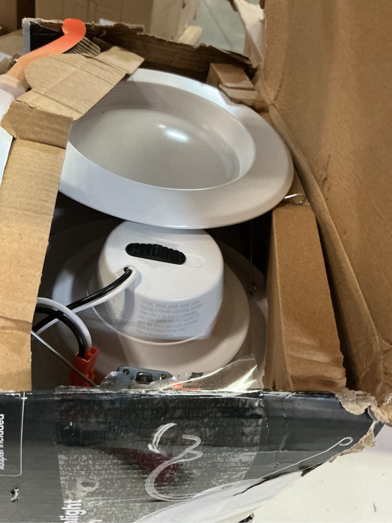 Condition photo showing As Is for 5/6 in. 925 lumens selectable 5cct dimmable integrated led retrofit recessed light baffle trim, white 6-pack