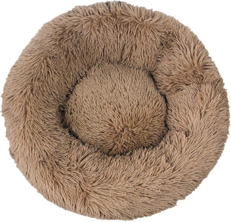 calming dog bed & cat bed, anti-anxiety donut dog cuddler bed, warming cozy soft dog round bed, fluffy faux plush dog cat cushion bed khaki
