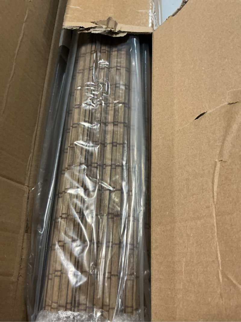 Condition photo showing Good Condition for lazblinds cordless bamboo roman shades, privacy blinds for interior windows, room darkening roll up bamboo blinds for home & patio, 31.5" w x 64" h, highfield teak pricacy - highfield teak 31 1/2" w x 64" h