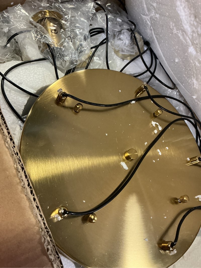 Condition photo showing Good Condition for mid century globe cluster pendant light, 5-light brushed gold chandelier with milk white glass, modern cluster chandelier for staircase kitchen island dining room entryway