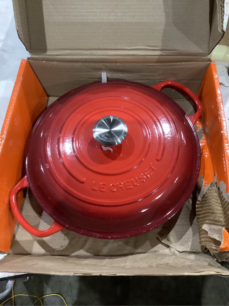 Condition photo showing As Is for Le Creuset Enameled Cast Iron Signature Braiser, 3.5 qt., Cerise