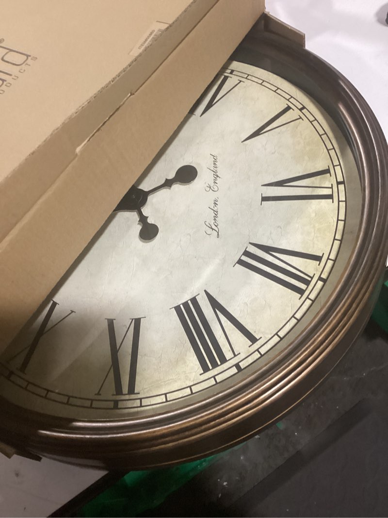 Condition photo showing Good Condition for Bernhard Products Large Decorative Wall Clock 20 Inch Silent Non Ticking Battery Operated Quartz Vintage Stylish with Rustic Dark Brown Rim for Home Living/Dining Room Kitchen & Over Fireplace