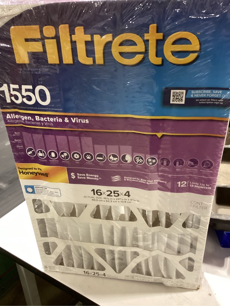 Condition photo showing Good Condition for filtrete 16" x 25" x 4" allergen bacteria and virus deep pleat air filter 1550 mpr: merv 12 electrostatic furnace filter