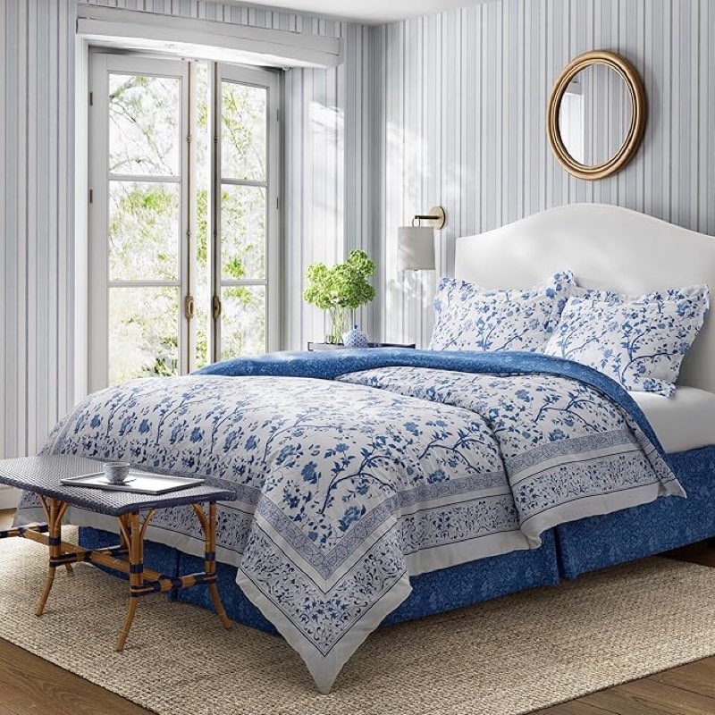 Laura Ashley - Queen Comforter Set, Soft & Reversible Cotton Bed Set, 4 Piece Floral Bedding with Matching Pillowcases & Bonus Bed Skirt (Charlotte Blue)