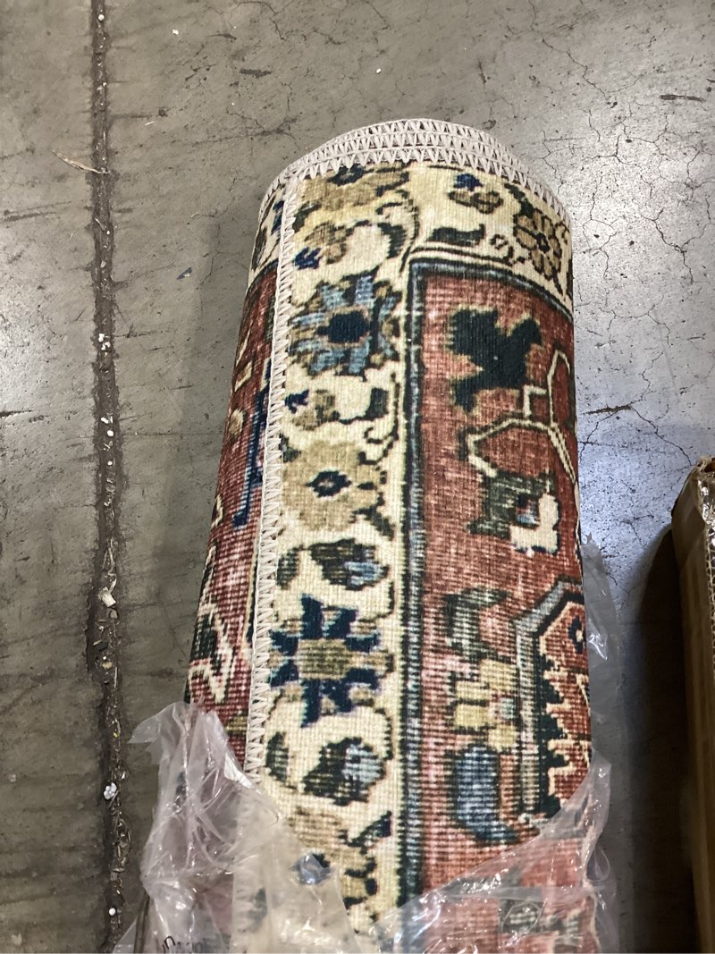Condition photo showing As Is for loloi chris loves julia jules collection jul-01 merlot/multi 5'-0'' x 7'-6'', .13" pile height, area rug merlot / multi 5' x 7'6" (rectangular)