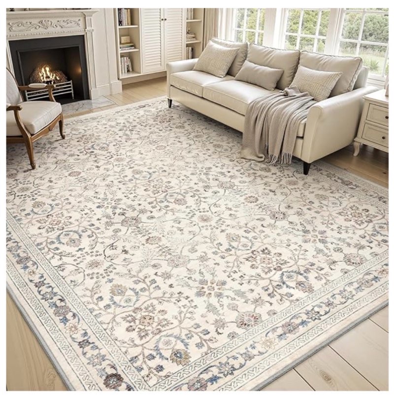 MontVoo-Vintage Area Rug 8X10 Beige for Living Room - Soft Distressed Printed Carpet for Bedroom - Non Slip, Machine Washable for Dining Room, Bedside, Office