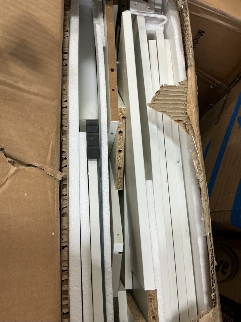 Condition photo showing As Is for Makeup Vanity Desk with Smart LED Mirror & Charging Station, 35.4" White Vanity Table Set with Cushioned Stool, 4 Drawers & Hairdryer Rack, Modern Bedroom Dressing Table-White