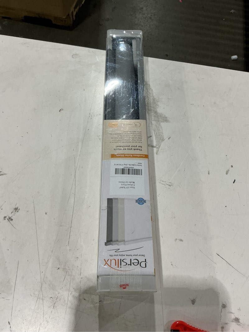 Condition photo showing New/Like New for persilux cordless blackout roller shades with valance, thermal insulated fabric window blinds, uv protection for home and bedroom (grey, 15" w x 64" h)