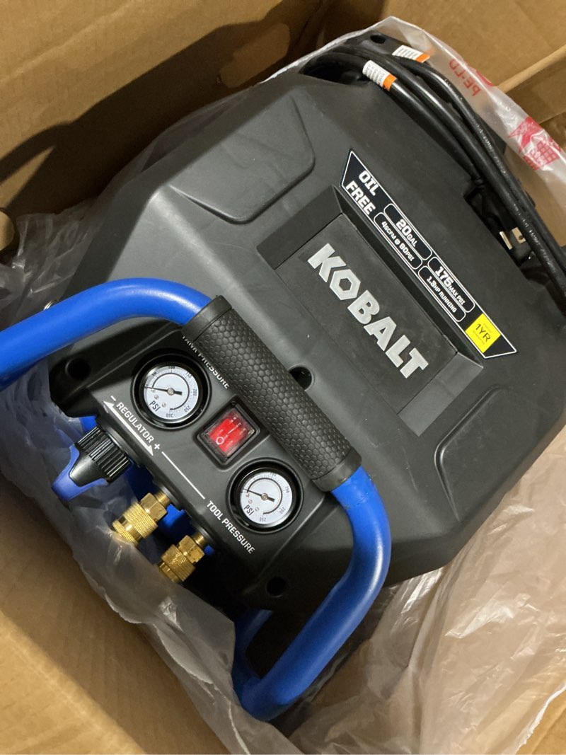 Condition photo showing As Is for kobalt 20-gallon portable electric 175 psi vertical air compressor