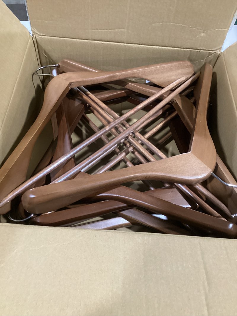 Condition photo showing Good Condition for songmics wooden hangers, pack of 10 coat hangers, pants bar, 360° swivel hooks, solid birch wood, space saving, for jackets, shirts, coats, walnut brown ucrw030k02 walnut brown 10 pack