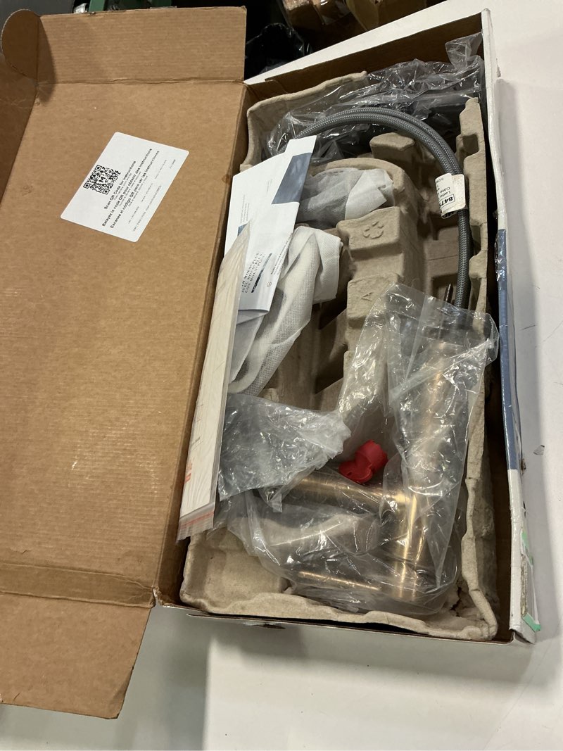 Condition photo showing As Is for Moen Meena Bronzed Gold One-Handle Single Hole Modern Bathroom Sink Faucet with Optional Deckplate and Drain Assembly, 84794BZG