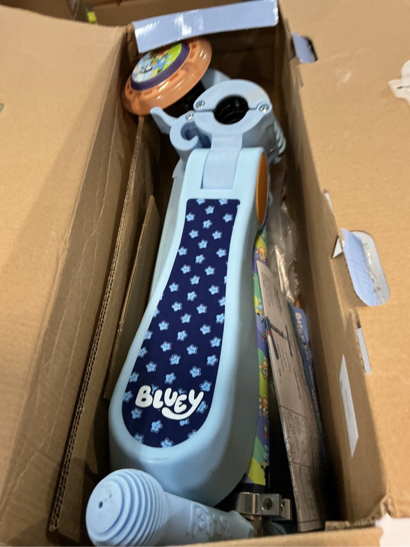 Condition photo showing As Is for bluey ride-n-glide buddies toddler 3 wheel kick and sit scooter  for kids ages 3+  bluey
