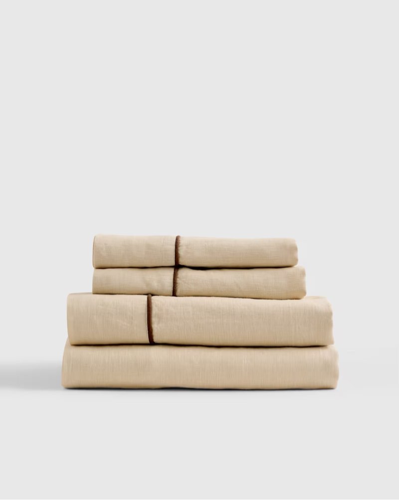 quince european linen piped sheet set expresso queen