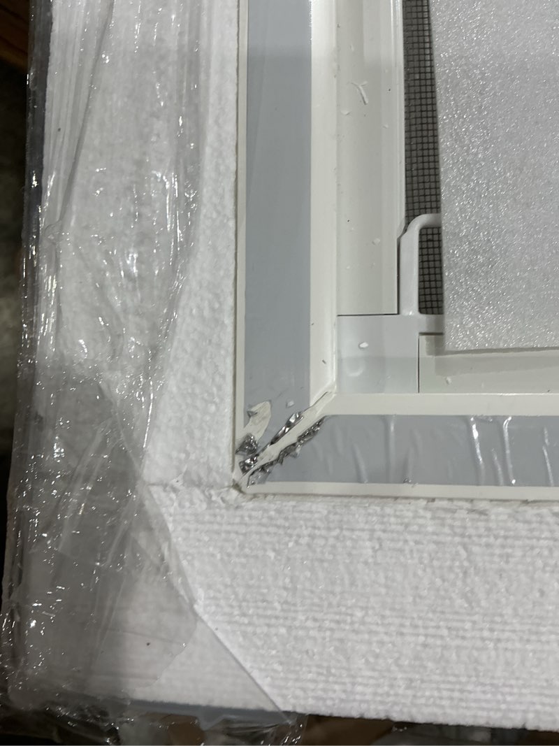 Condition photo showing As Is for vinyl basement window, 24" x 16" bathroom sliding window with double pane insulated tempered glass and fiberglass screen for basement, bathroom, shed (white) 24x16 in white