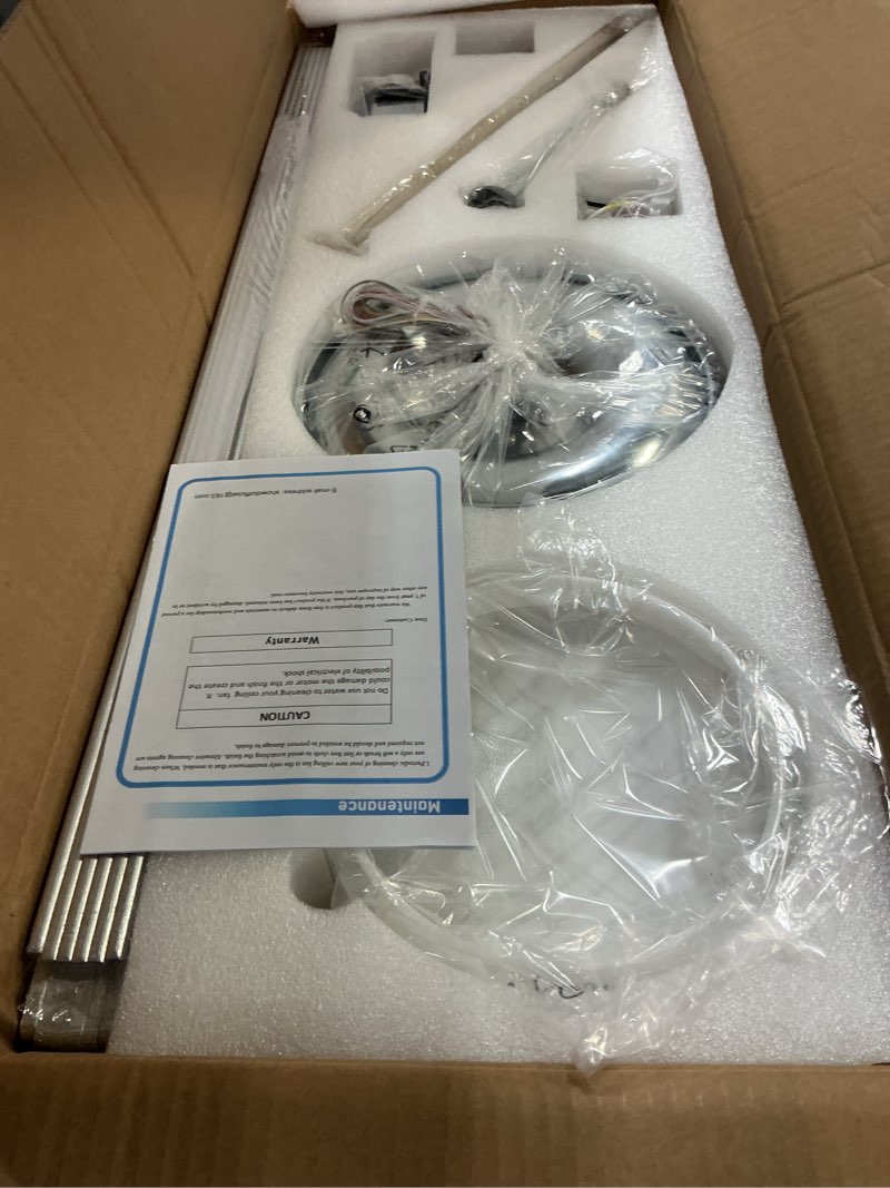 Condition photo showing New/Like New for showdi ceiling fan with lights and remote, 6 blade app control timer reversible stepless brightness and color temperature outdoor wood ceiling fan with lights (chrome, 72 inch) chrome 72 inch