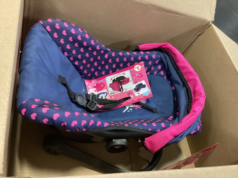 Condition photo showing As Is for Bayer: Baby Doll Deluxe Car Seat with Canopy- Blue and Pink | Baby Dolls | Pretend | Dress up